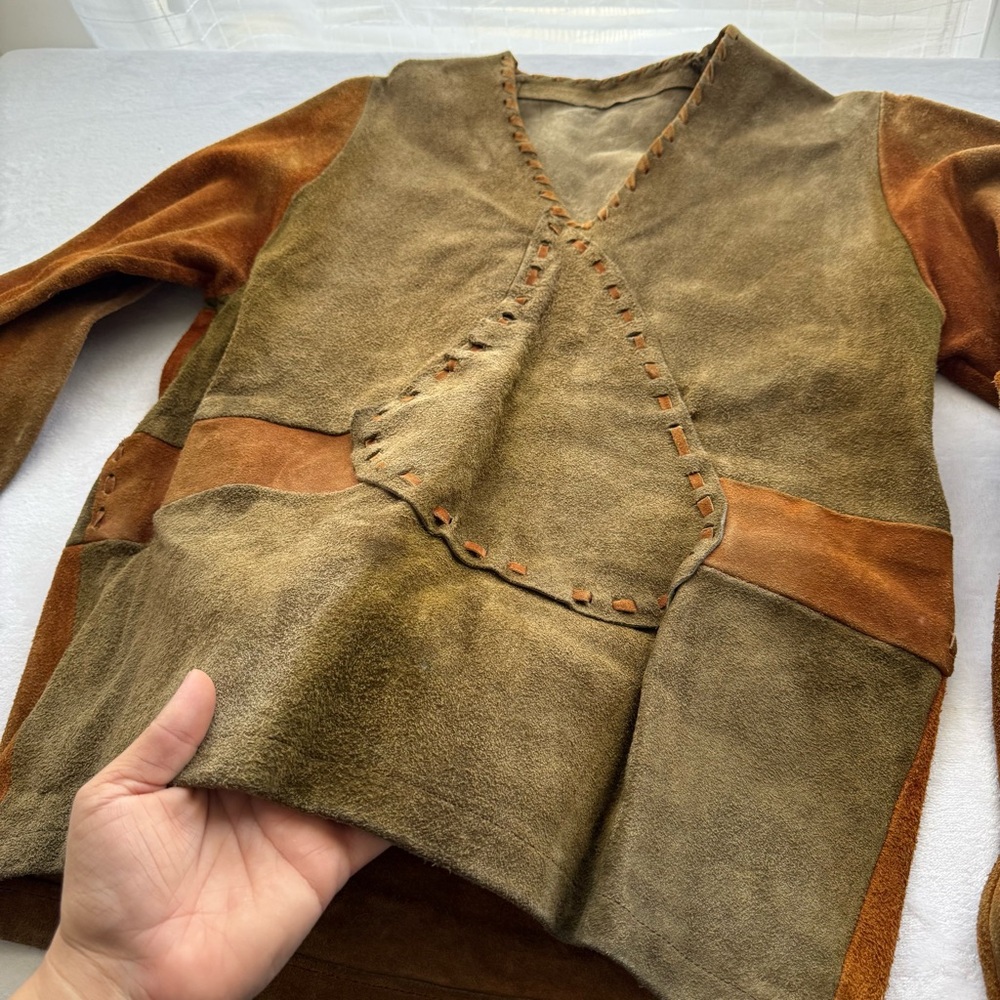 Vintage 70s Suede Leather Patchwork Pullover Shir… - image 4
